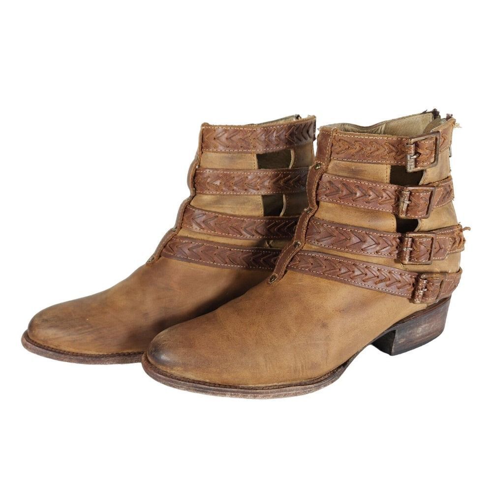 FREEBIRD BY STEVEN Women's Roper US 9M Brown Leather Distressed Strappy Booties
